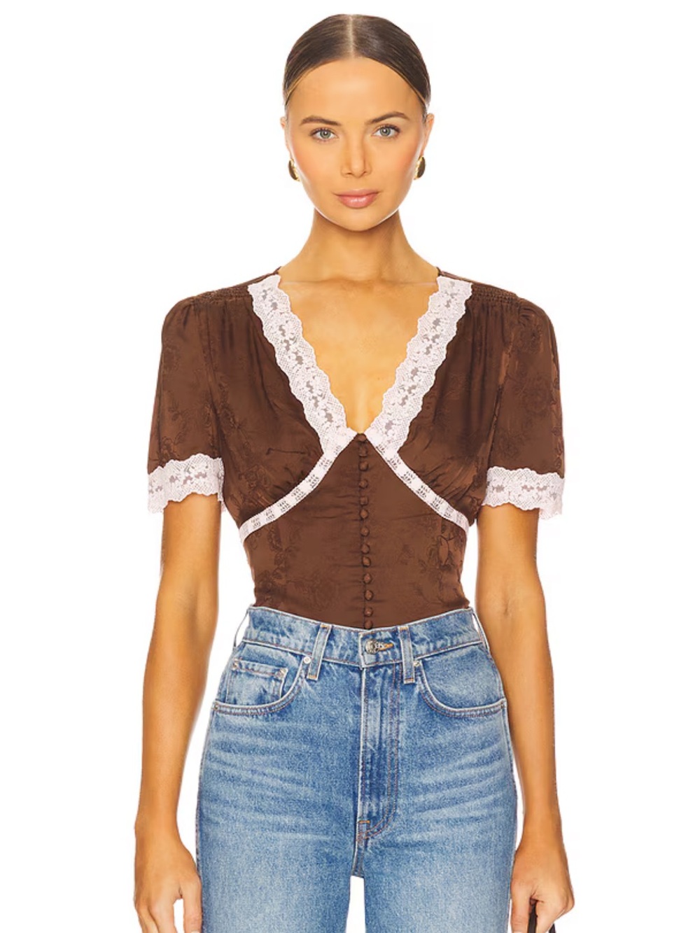 Heartloom Brown Short Sleeve Lace-Trim V-Neck Top